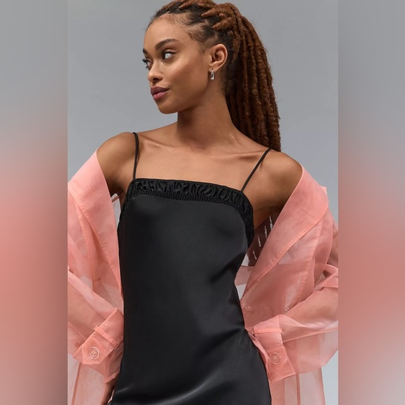 Anthropologie Square Neck Black Satin Slip Dress Size Small Petite - Picture 4 of 13